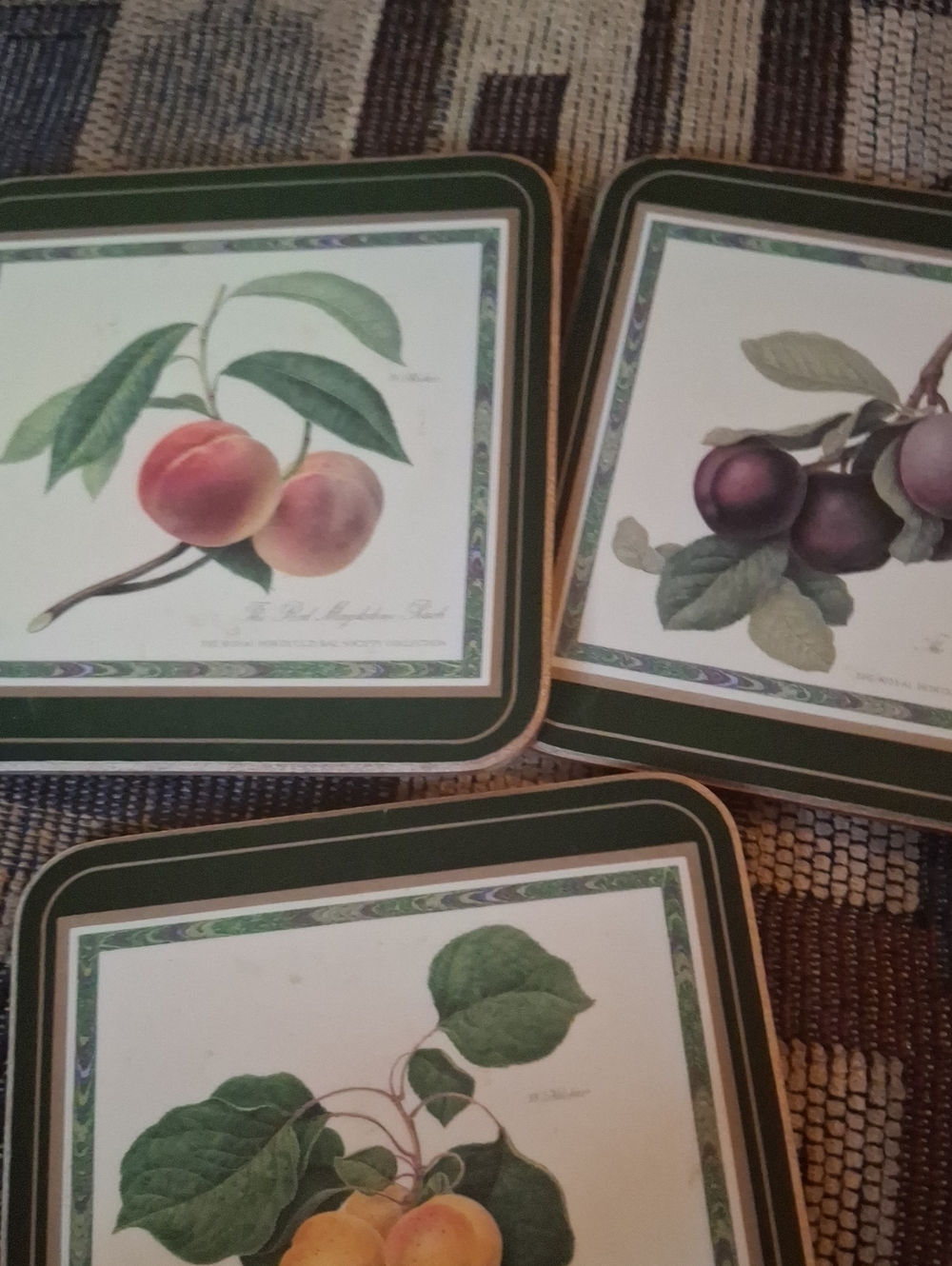 Fruit Botanical Square Coasters Set Green Trim Peach Plum Vintage